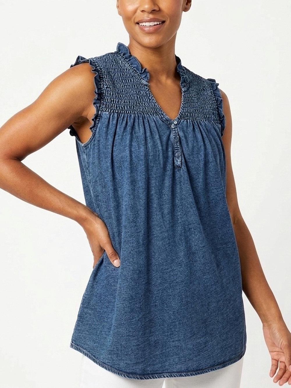 SUNDANCE Ivy Jane Smocked Indigo Split Neck Sleeveless Henley Top - Size Medium
